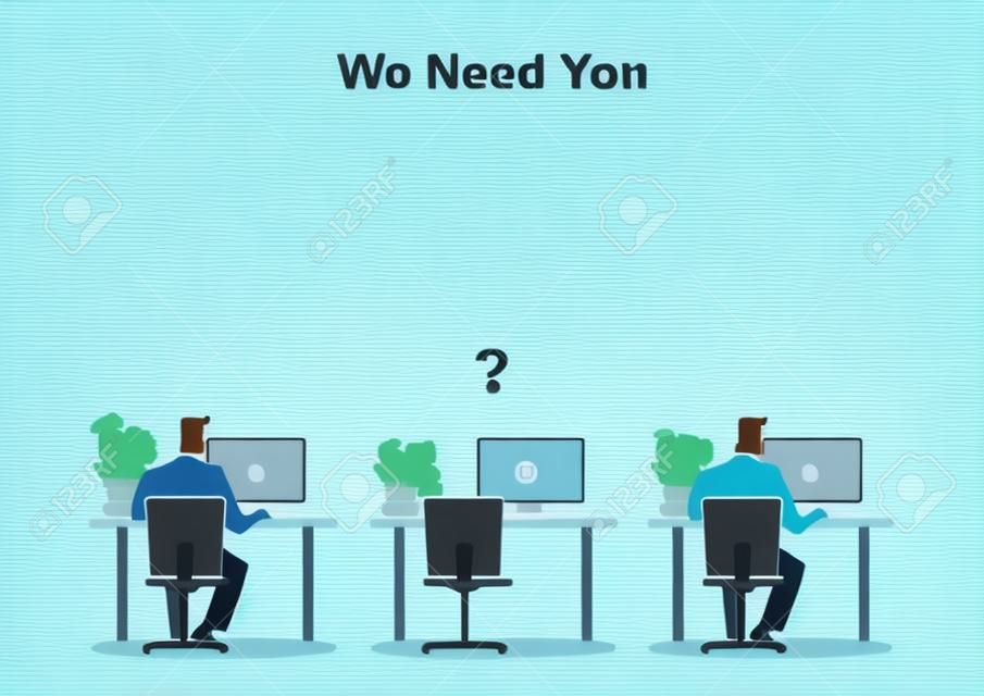 Business concept illustration of two people working on the computers with one empty desk. Job vacancy, new recruitment, trainee, occupation, job search theme