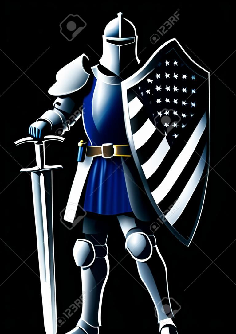 Vector illustration of a knight with thin blue line USA flag. The Thin Blue Line is a phrase and symbol used by law enforcement, to symbolize solidarity and as the protectors of the community.