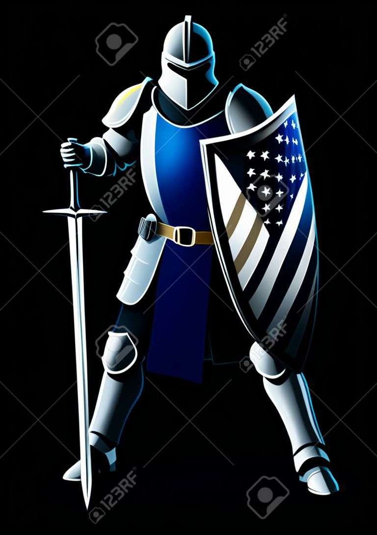 Illustrazione vettoriale di un cavaliere con bandiera USA linea sottile blu. La sottile linea blu è una frase e un simbolo usato dalle forze dell'ordine, per simboleggiare la solidarietà e come protettori della comunità.
