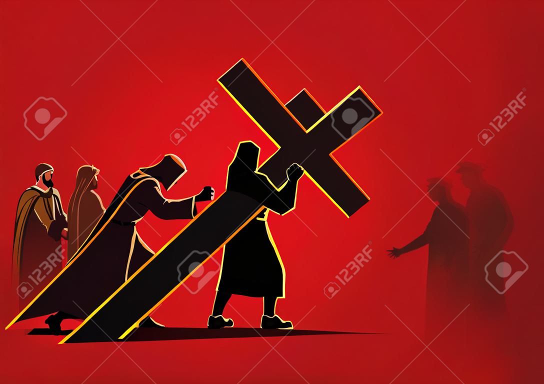 Serie biblica di illustrazione vettoriale. Via Crucis o Stazioni della Croce.