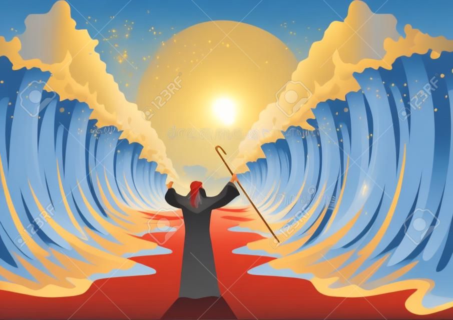 Biblijna i religijna seria ilustracji wektorowych, Mojżesz wyciągnął laskę i Morze Czerwone zostało rozdzielone przez Boga