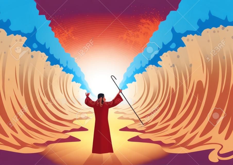 圣经和宗教矢量插图系列，摩西伸出他的手杖，红海被上帝分开