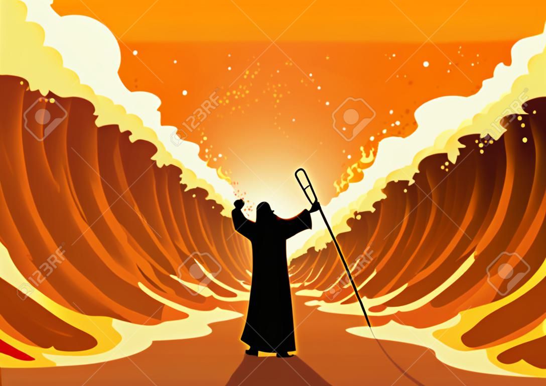 Bijbelse en religie vector illustratie serie, Mozes hield zijn staf en de Rode Zee werd gescheiden door God