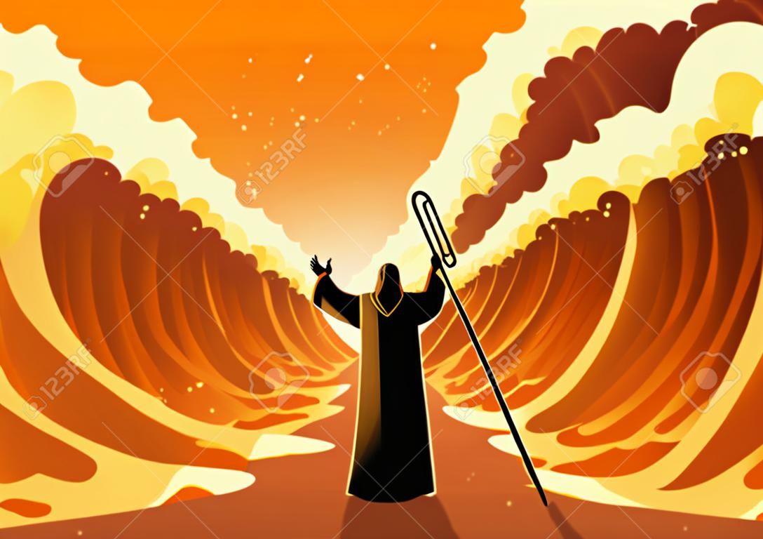 Bijbelse en religie vector illustratie serie, Mozes hield zijn staf en de Rode Zee werd gescheiden door God