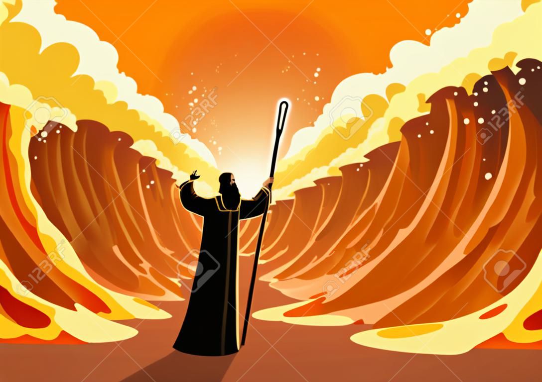 聖書と宗教のベクトルイラストシリーズ、モーセは彼のスタッフを差し出し、紅海は神によって別れました