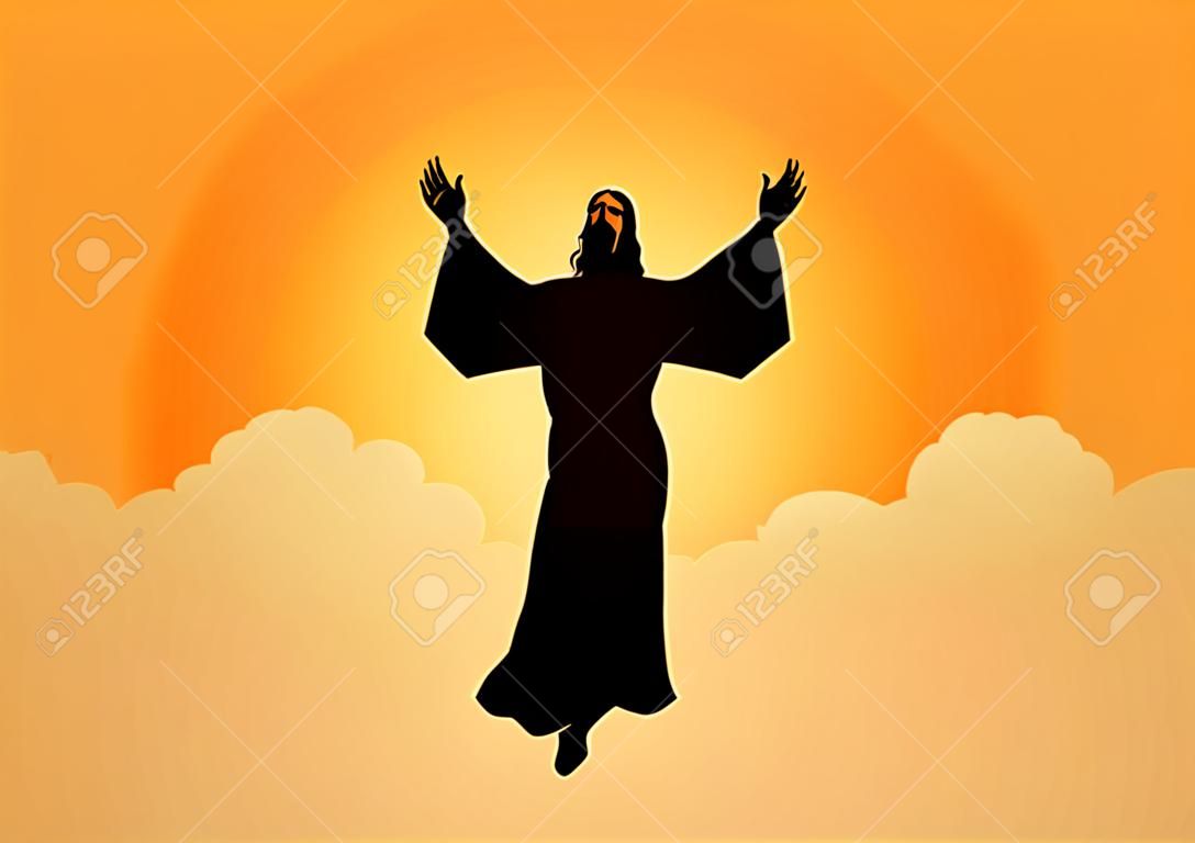 Biblische Silhouettenillustration von Jesus Christus, der seine Hände hebt, für den Himmelfahrtstag des Themas Jesus Christus