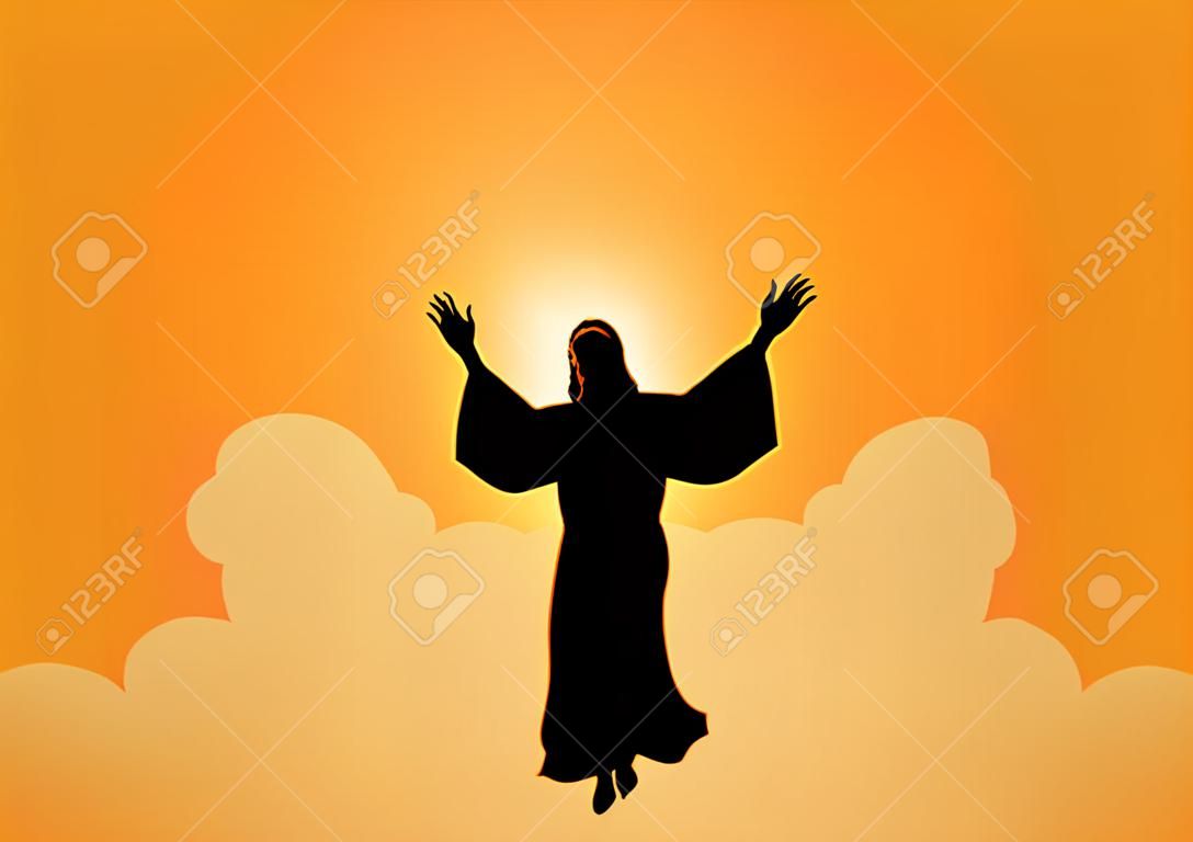 예수 그리스도 테마의 승천일을 위해 손을 드는 예수 그리스도의 성경적 실루엣 삽화