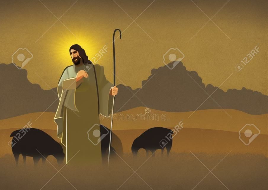 Biblical vector illustration of Jesus as a shepherd