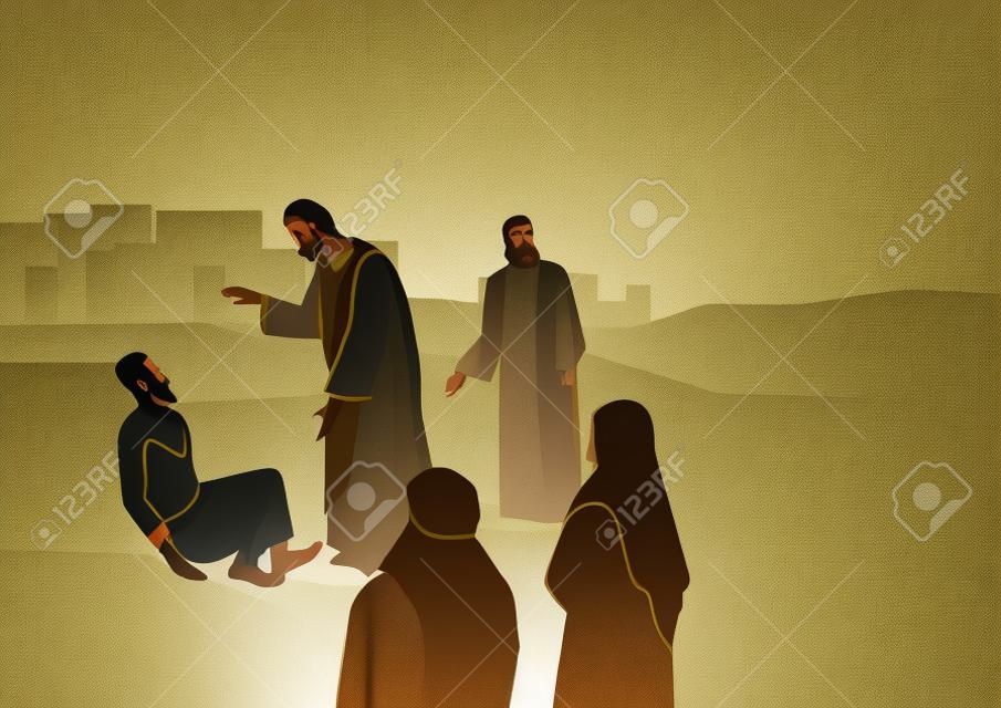 Série d'illustrations vectorielles bibliques, Jésus guérit l'homme atteint de la lèpre