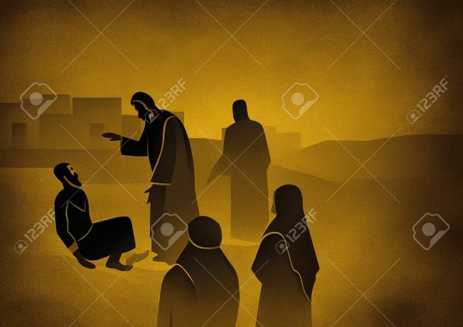 Série d'illustrations vectorielles bibliques, Jésus guérit l'homme atteint de la lèpre