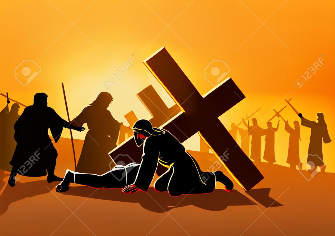 Biblijna seria ilustracji wektorowych. Droga krzyżowa, czyli droga krzyżowa, stacja dziewiąta, Jezus upada po raz trzeci.