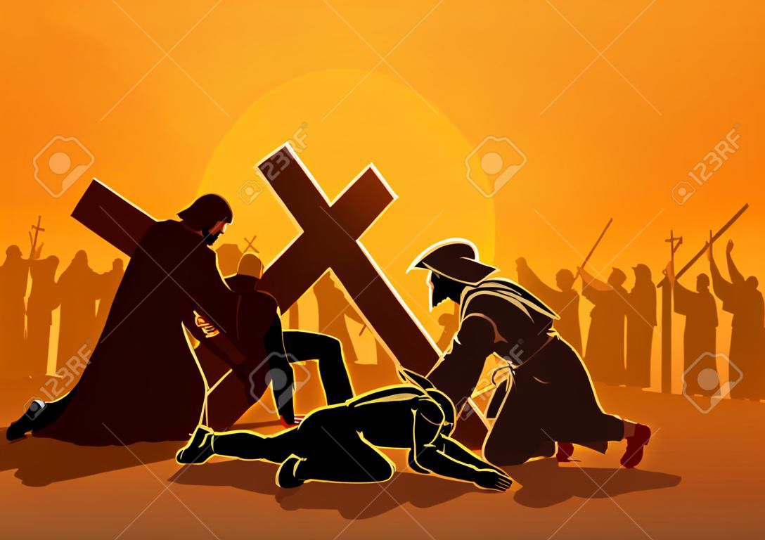 Serie di illustrazioni vettoriali bibliche. Via Crucis o Via Crucis, nona stazione, Gesù cade per la terza volta.