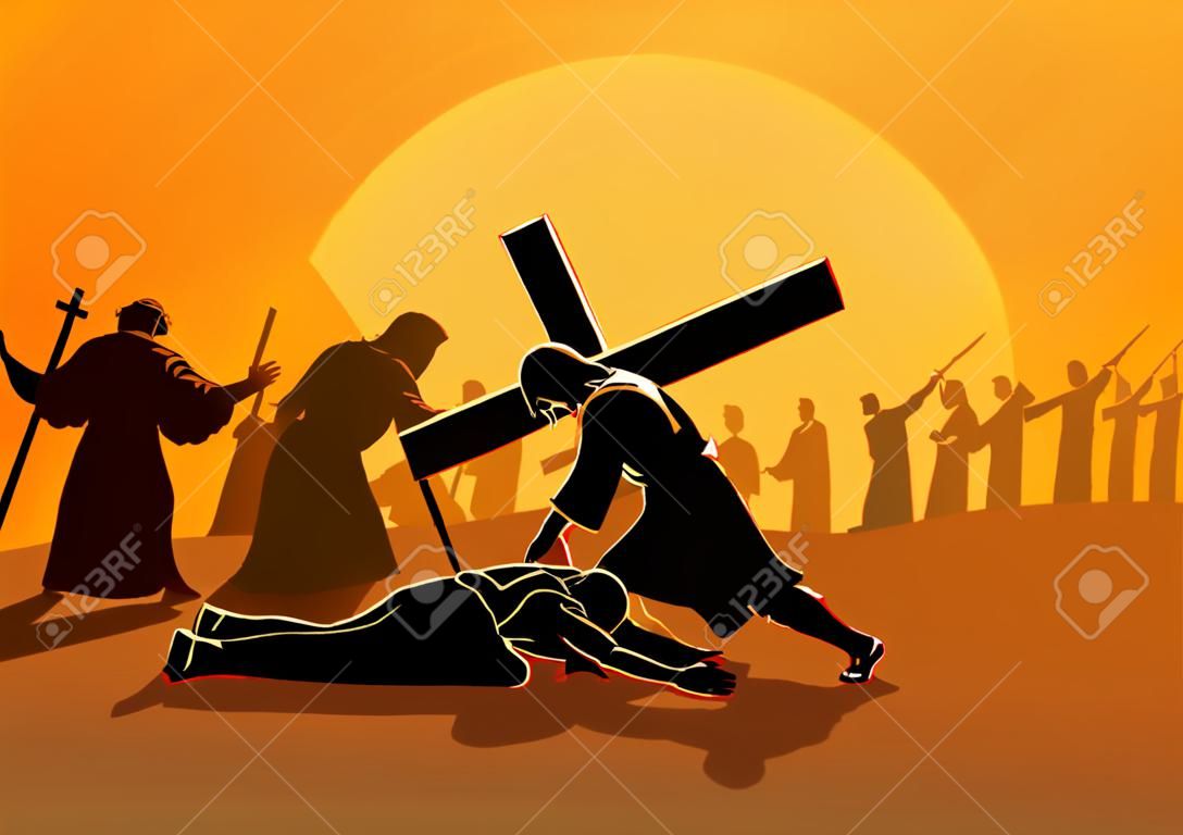 Biblische Vektorillustrationsserie. Kreuzweg oder Kreuzweg, neunte Station, Jesus fällt zum dritten Mal.