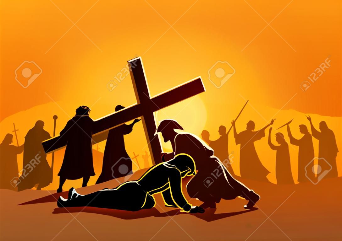 Biblische Vektorillustrationsserie. Kreuzweg oder Kreuzweg, neunte Station, Jesus fällt zum dritten Mal.