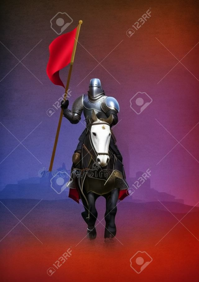 Vector illustration of a medieval knight on horse carrying a flag on dramatic scene