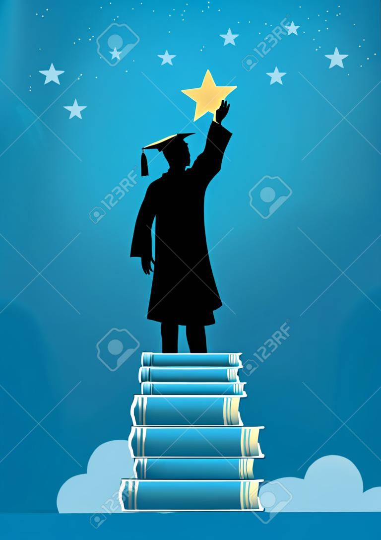 L'illustration du concept d'un homme en toge de remise des diplômes tend la main vers les étoiles en utilisant des livres comme plate-forme