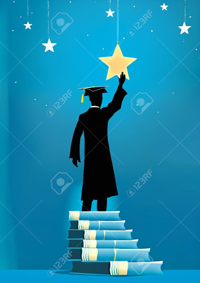 Concept illustration of a man in graduation toga reach out for the stars by using books as the platform