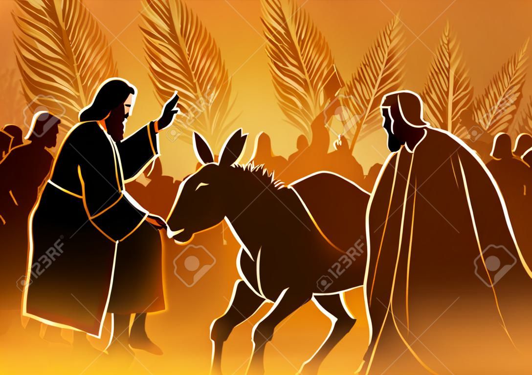 Bijbelse vector illustratie serie, Jezus komt naar Jeruzalem als Koning