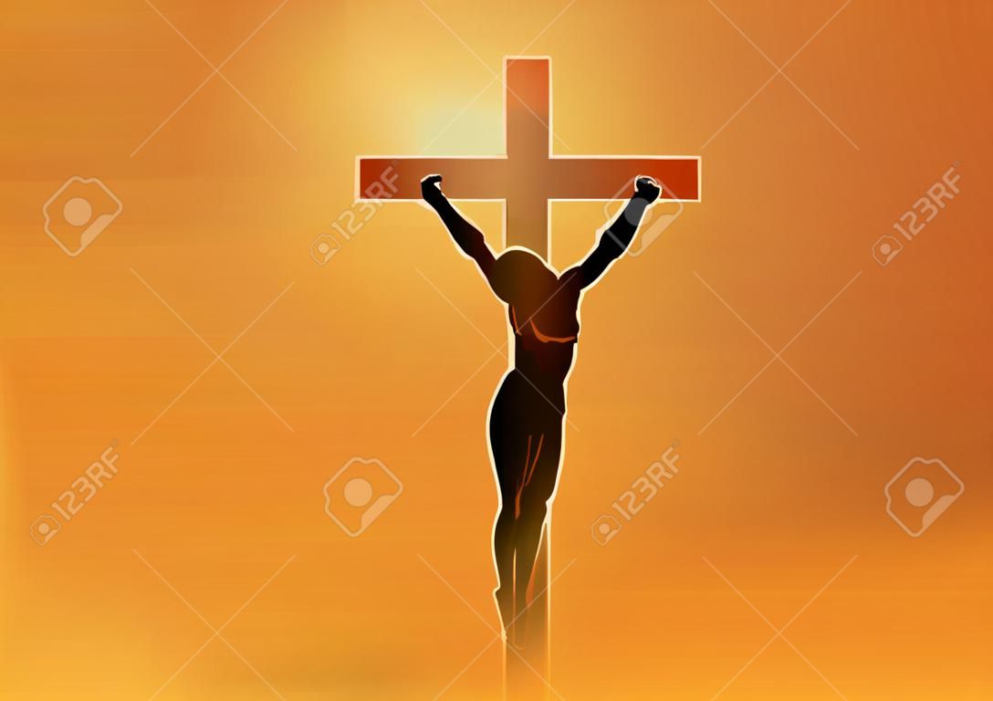 Série de ilustração vetorial bíblica. Caminho da Cruz ou Estações da Cruz, Jesus morre na cruz.