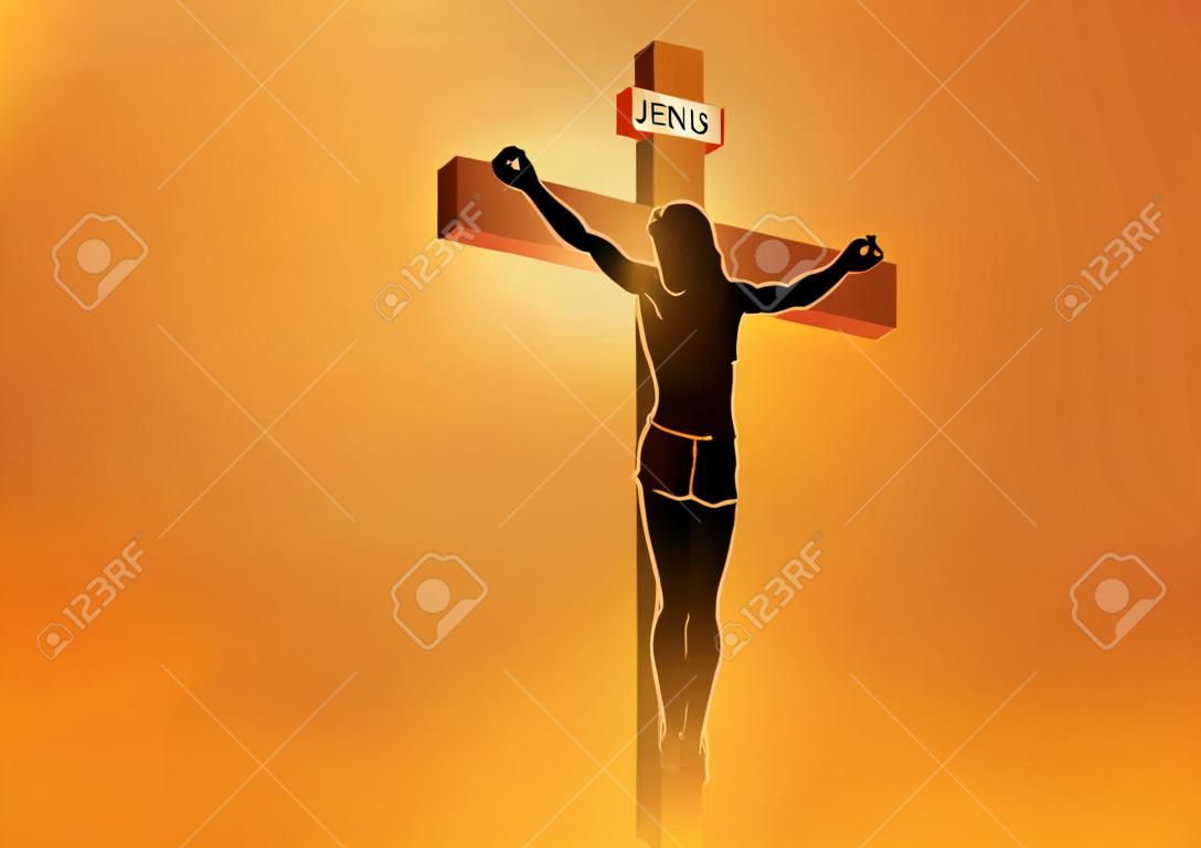 Serie de ilustración vectorial bíblica. Vía Crucis o Estaciones de la Cruz, Jesús muere en la cruz.