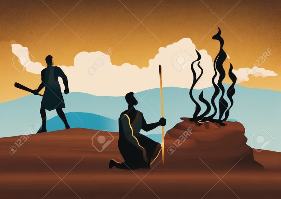 Serie di illustrazioni vettoriali bibliche. Caino e Abele, Dio ha favorito il sacrificio di Abele invece di Caino. Caino poi uccise Abele