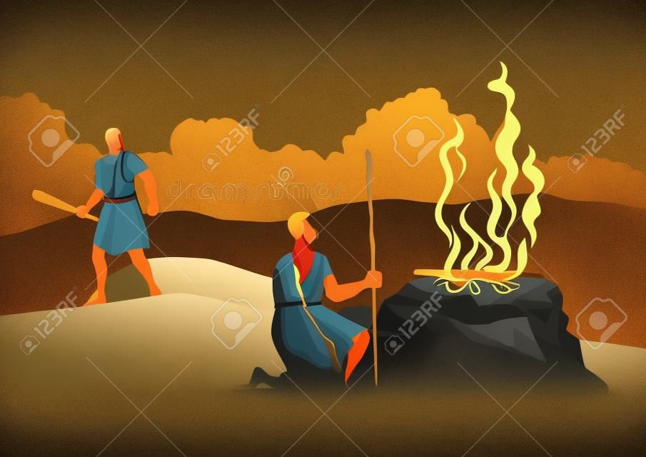 Serie di illustrazioni vettoriali bibliche. Caino e Abele, Dio ha favorito il sacrificio di Abele invece di Caino. Caino poi uccise Abele