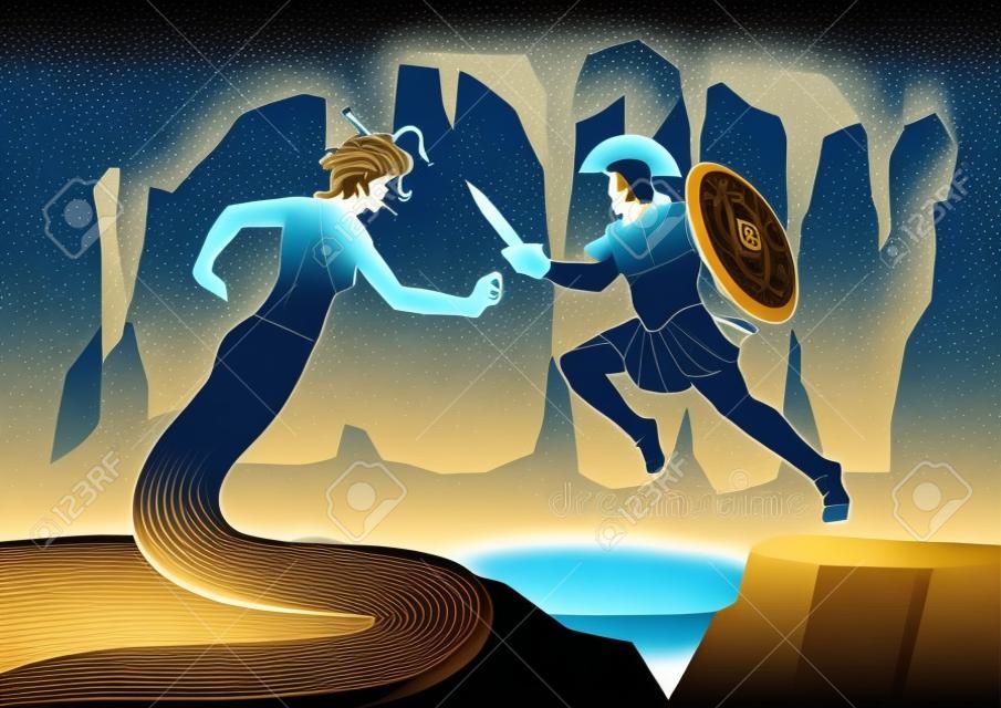 Greek mythology vector illustration of Perseus fighting Gorgon Medusa. Perseus is the legendary founder of Mycenae and of the Perseid dynasty