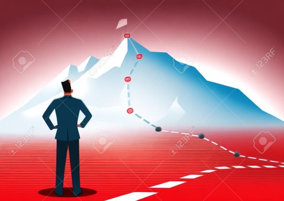 Illustration vectorielle de concept d'entreprise d'un homme d'affaires regardant les lignes rouges qui mènent au sommet d'une montagne