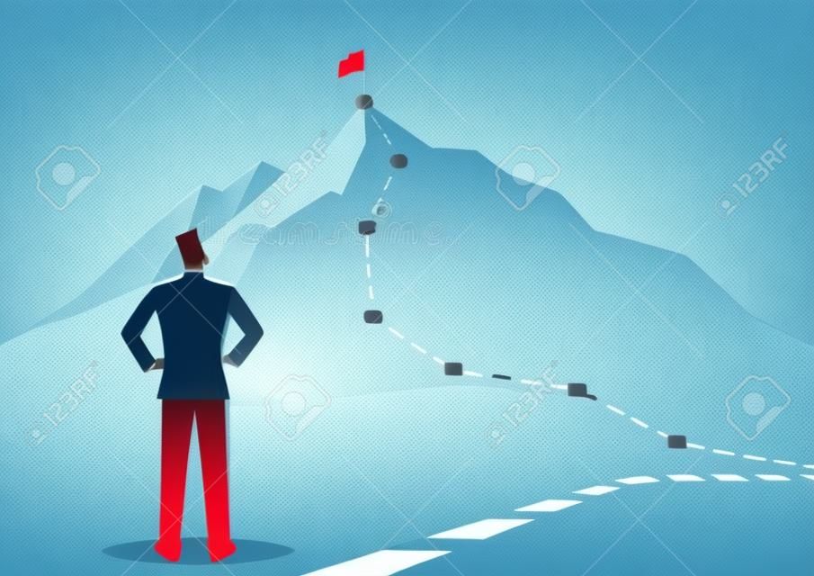 Business concept vector illustration of a businessman looking the red lines which leading to the top of a mountain