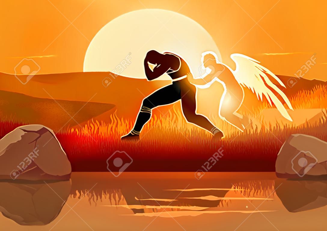 Série de ilustração vetorial bíblica, Jacob lutando com Deus ou o anjo