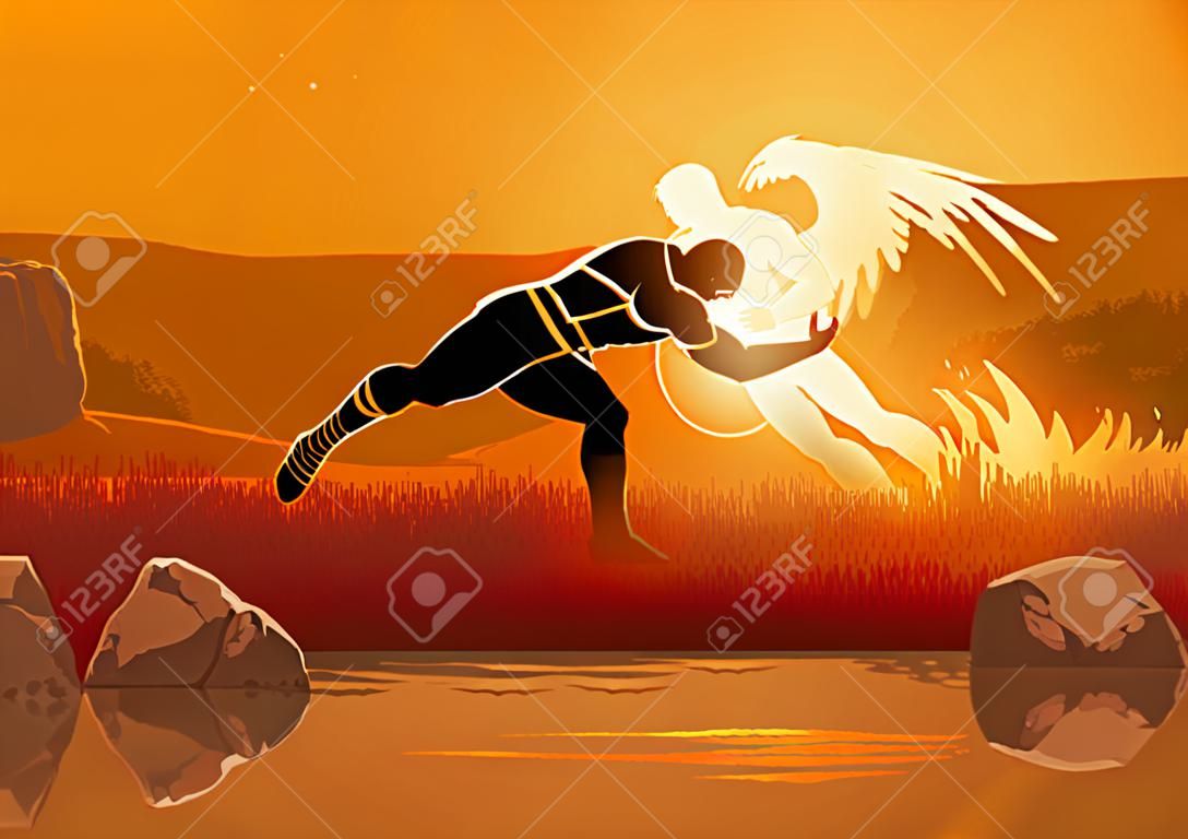 Bijbelse vector illustratie serie, Jacob worstelen met God of de engel