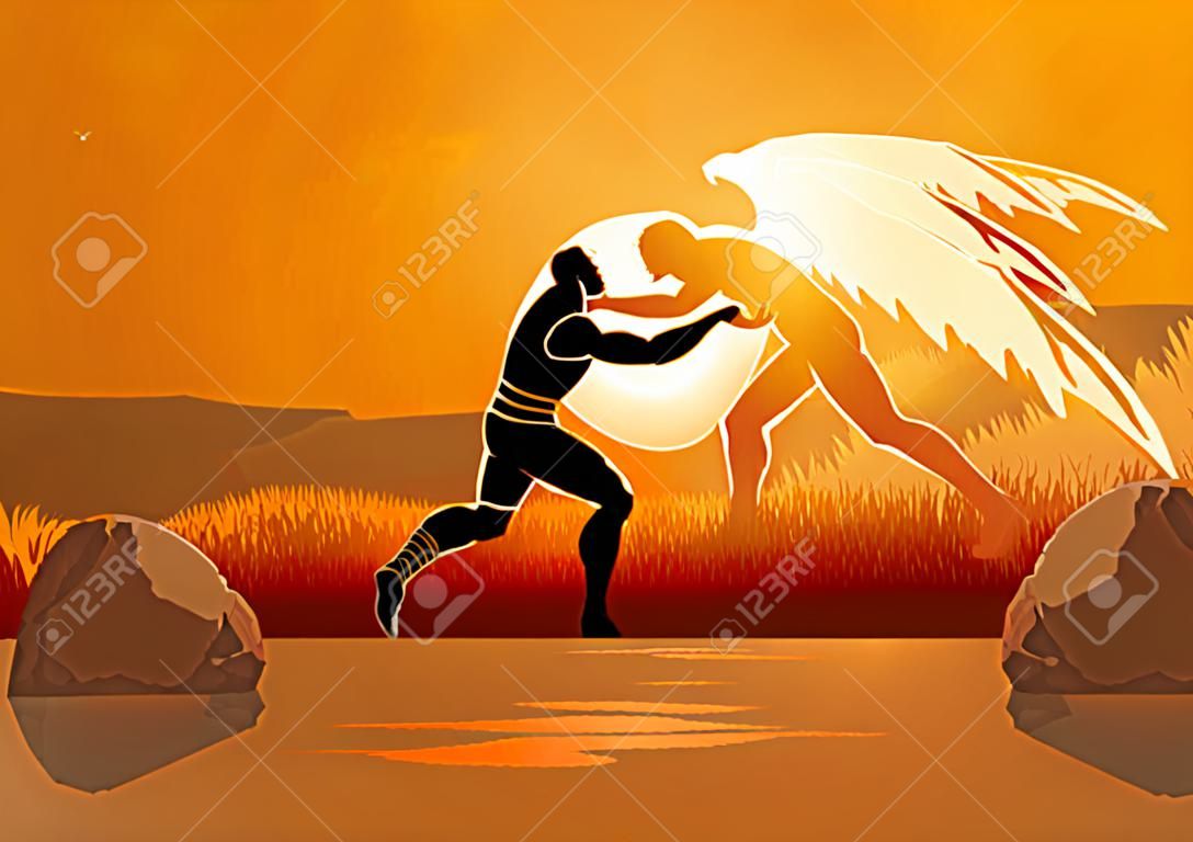 Série de ilustração vetorial bíblica, Jacob lutando com Deus ou o anjo