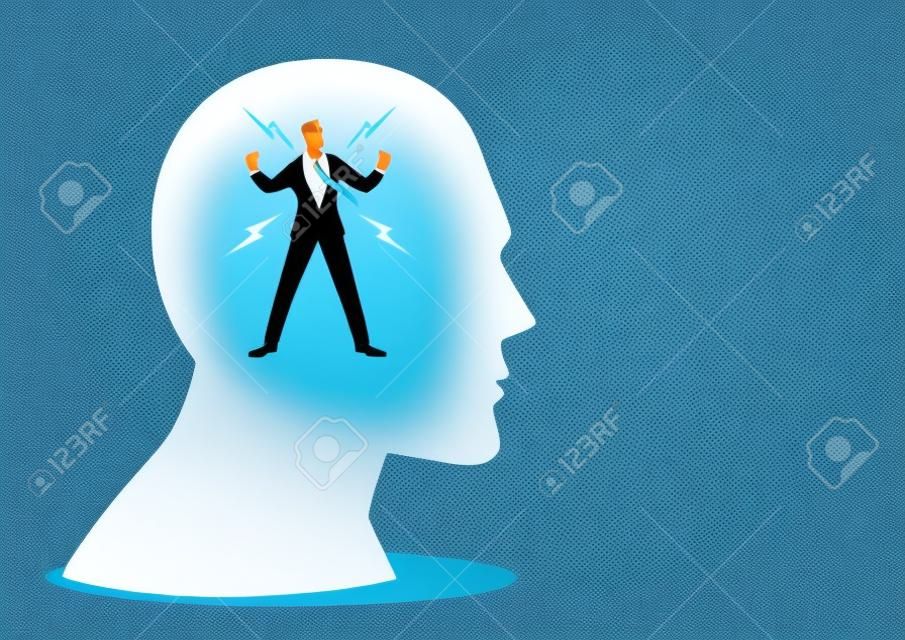 Vector illustration of energized buisnessman in human head, powerful mind concept