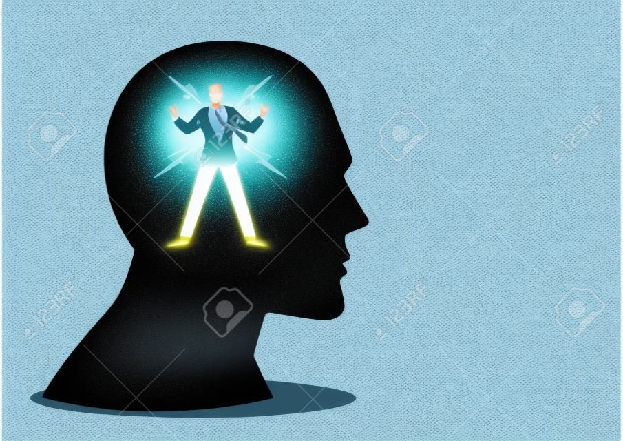 Vector illustration of energized buisnessman in human head, powerful mind concept