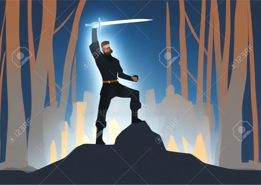 Vector illustration of the young king Arthur holding the excalibur