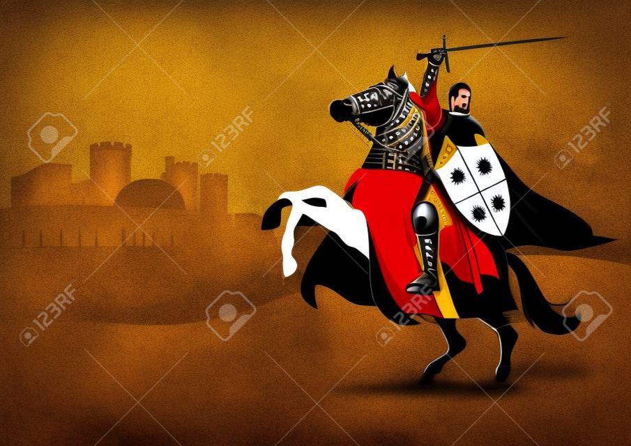 Vektorgrafik des kastilischen Ritters Rodrigo Diaz de Vivar oder bekannt als El Cid the Campeador, ein Kriegsherr im mittelalterlichen Spanien
