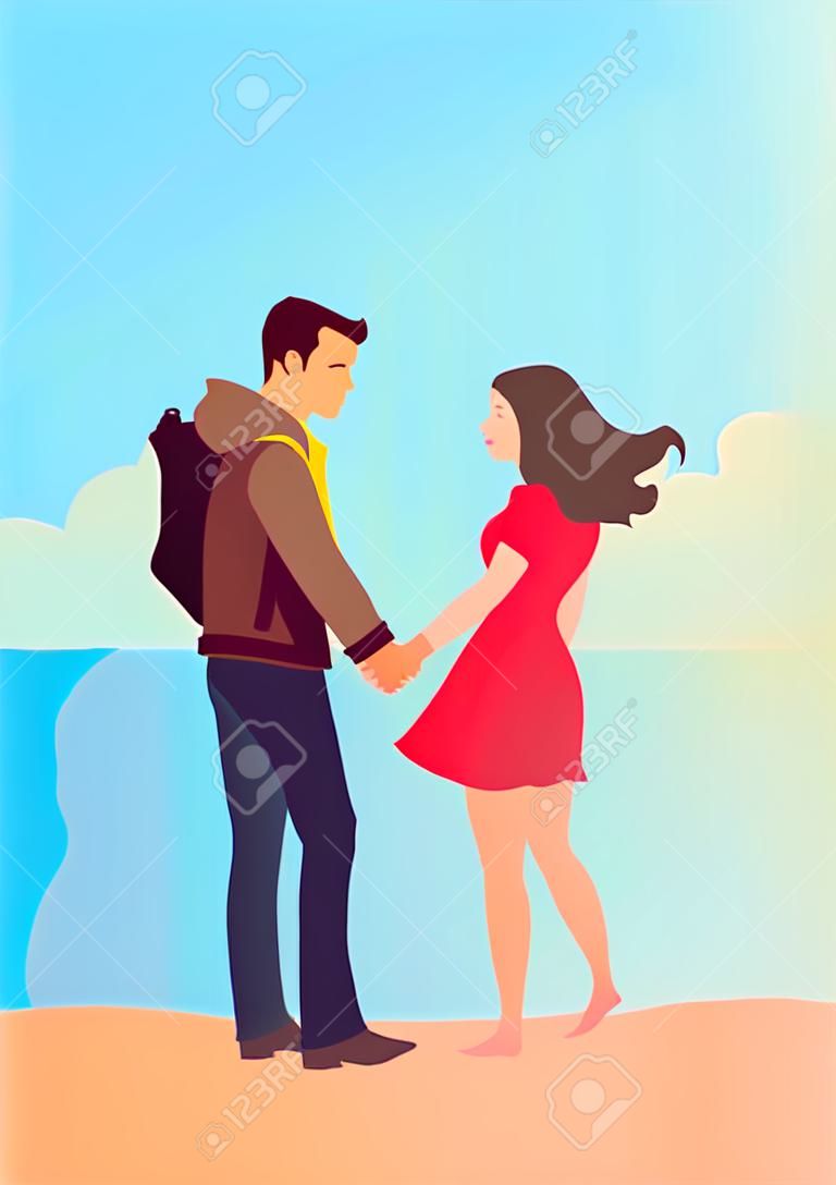 Pareja tomándose de la mano en la acera cerca de la playa, simple ilustración vectorial para el día de San Valentín