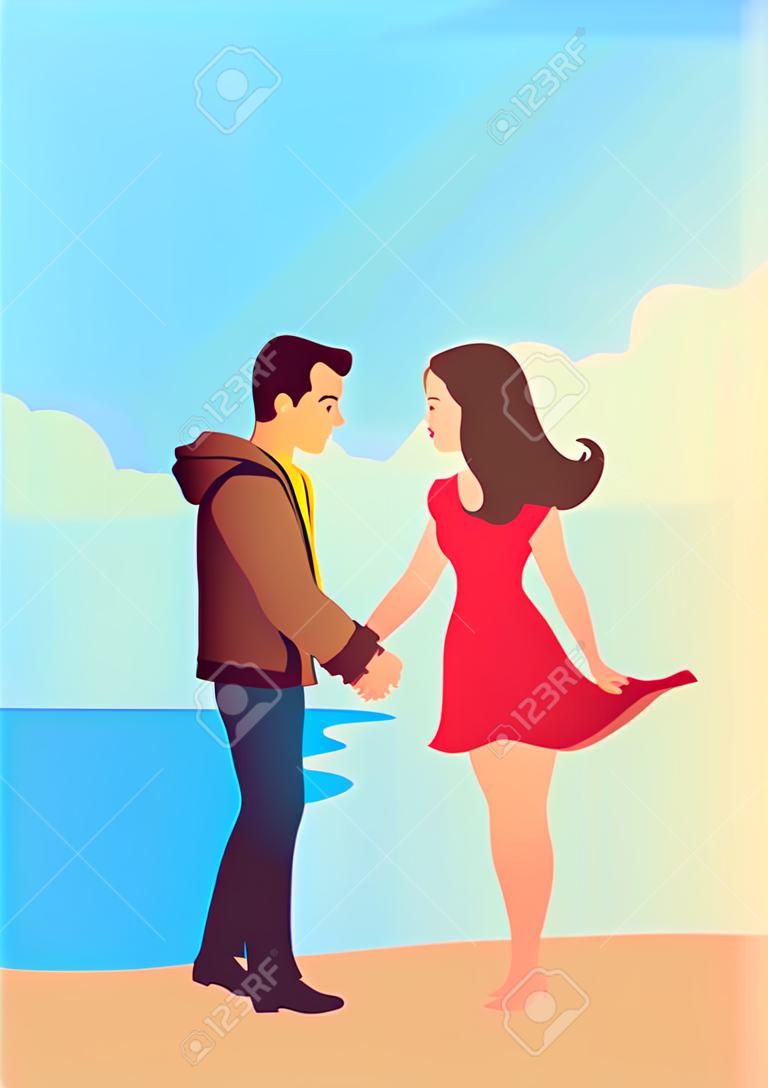 Casal de mãos dadas na calçada perto da praia, ilustração vetorial simples para o dia dos namorados