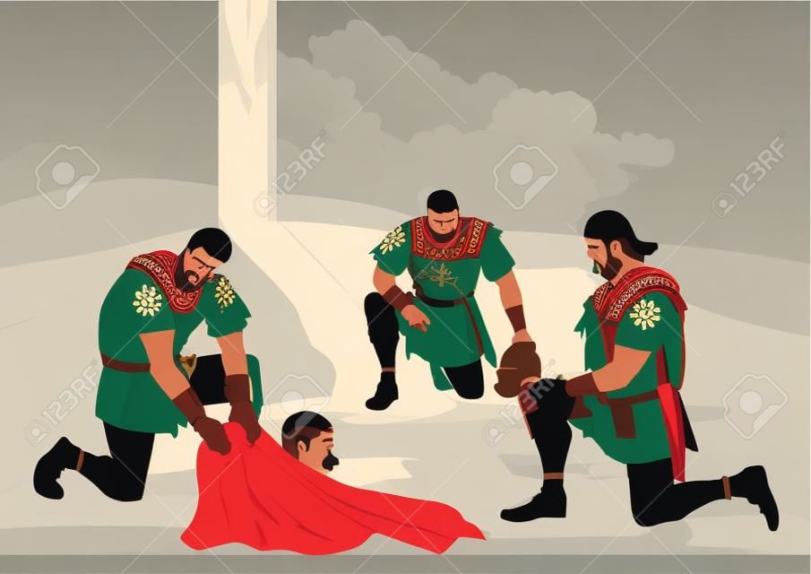 Série de ilustração vetorial bíblica, soldados romanos jogando pelas roupas de Cristo