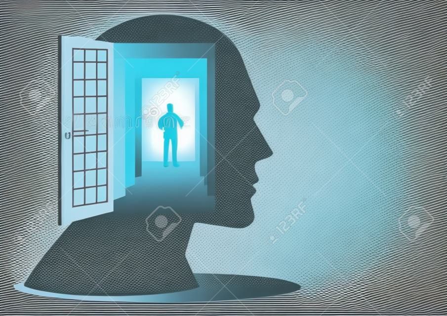 Człowiek wchodzi głębiej do ludzkiego umysłu przez wiele drzwi, rozumie ludzki umysł, psychologię człowieka, ilustrację wektorową