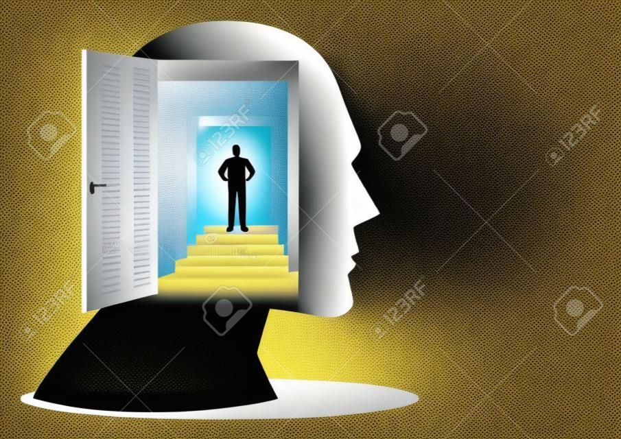 Człowiek wchodzi głębiej do ludzkiego umysłu przez wiele drzwi, rozumie ludzki umysł, psychologię człowieka, ilustrację wektorową