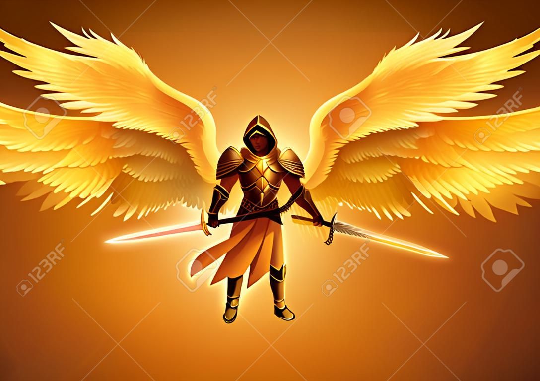 Ilustracja przedstawiająca archanioła z sześcioma skrzydłami trzymającego miecz