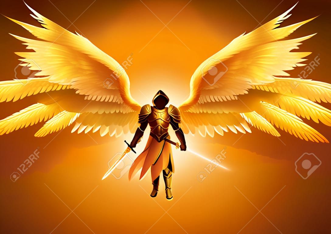 Illustrazione di arte fantasy dell'arcangelo con sei ali che tengono una spada