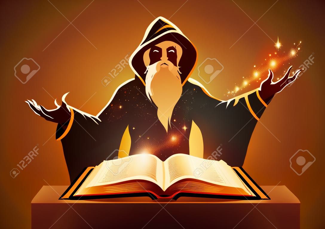 Wizard casts his magic by reading a spell book, vector illustration