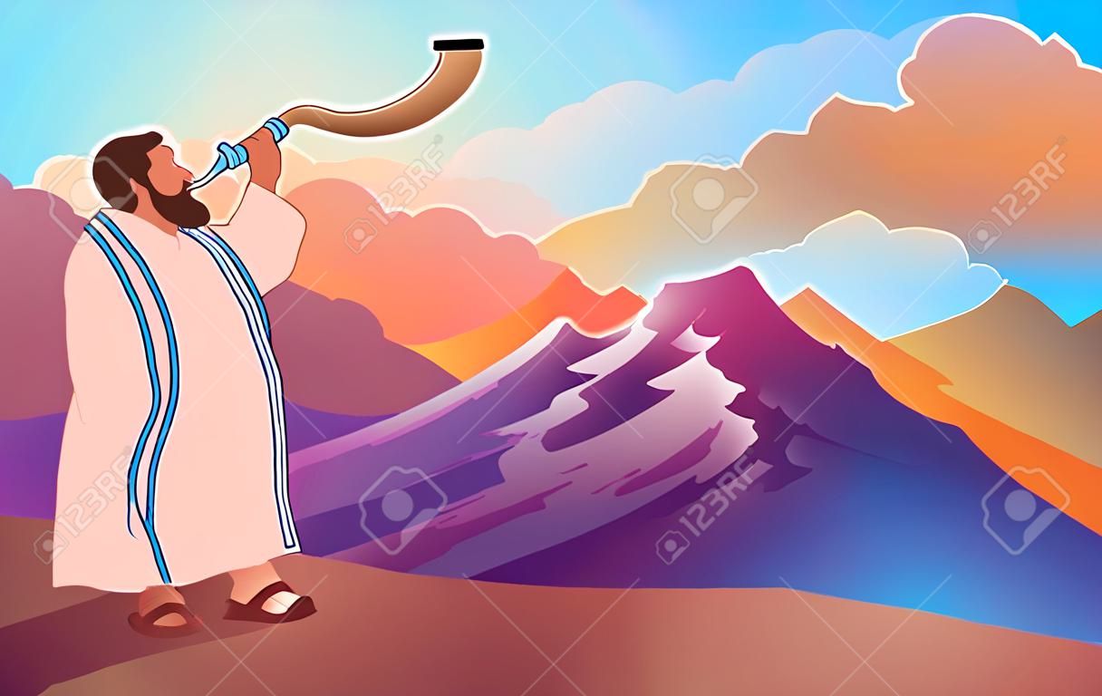 Vector artwork of a Jewish man blowing the Shofar ram's horn on a beautiful mountain and cloudscape background, for Rosh Hashanah and Yom Kippur day, vector illustration
