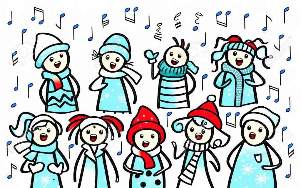 Funny cartoon of stick figures wearing winter clothes singing songs in and out of tune