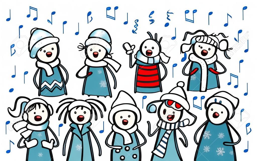 Funny cartoon of stick figures wearing winter clothes singing songs in and out of tune