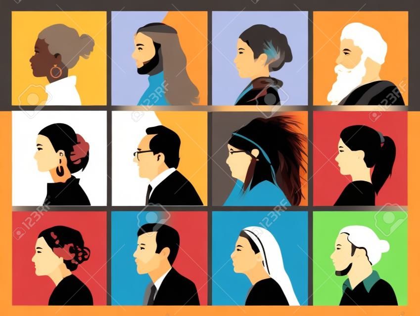 People of different cultures profile faces vector