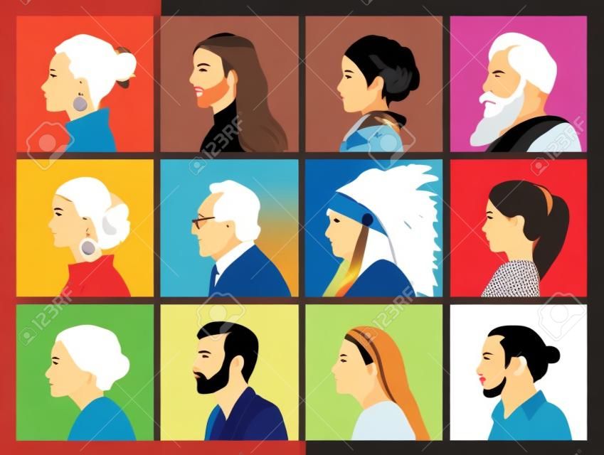 People of different cultures profile faces vector