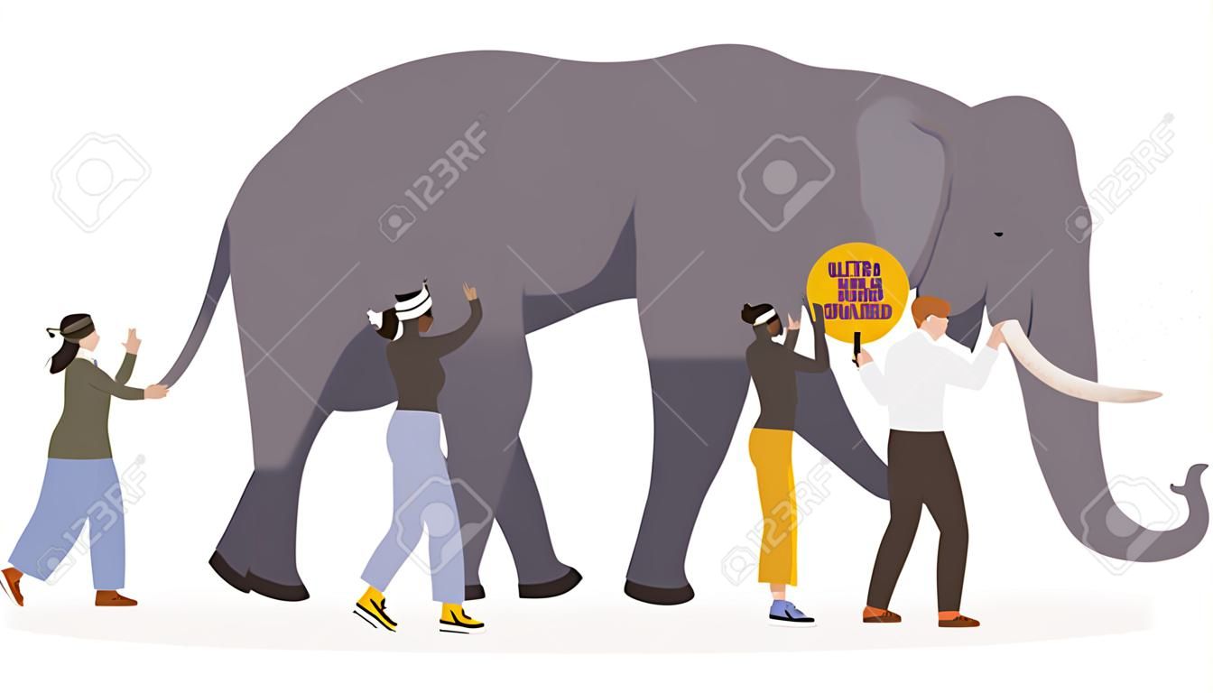 Vier geblinddoekte mannelijke en vrouwelijke personages die een olifant aanraken op witte achtergrond